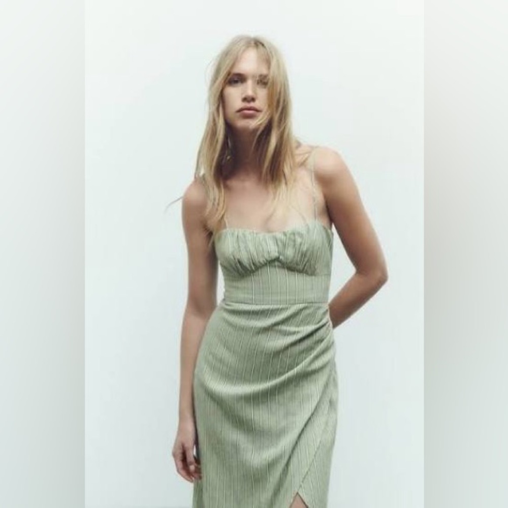 Zara Linen Blend Midi Dress Green With Stripes, Strappy Open Back And Side Slit
